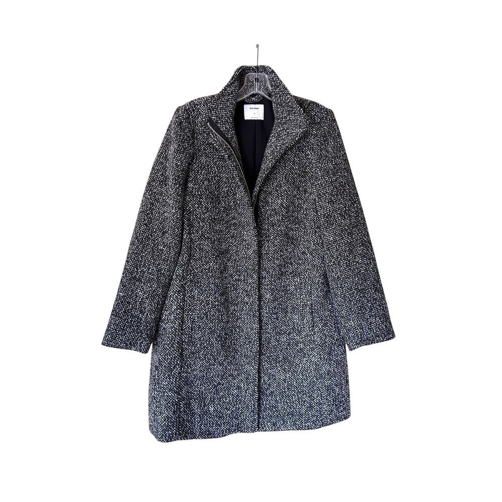 Old Navy Women's Tweed Coat Size M Gray Black Marl Funnel Neck Zip Front Jacket